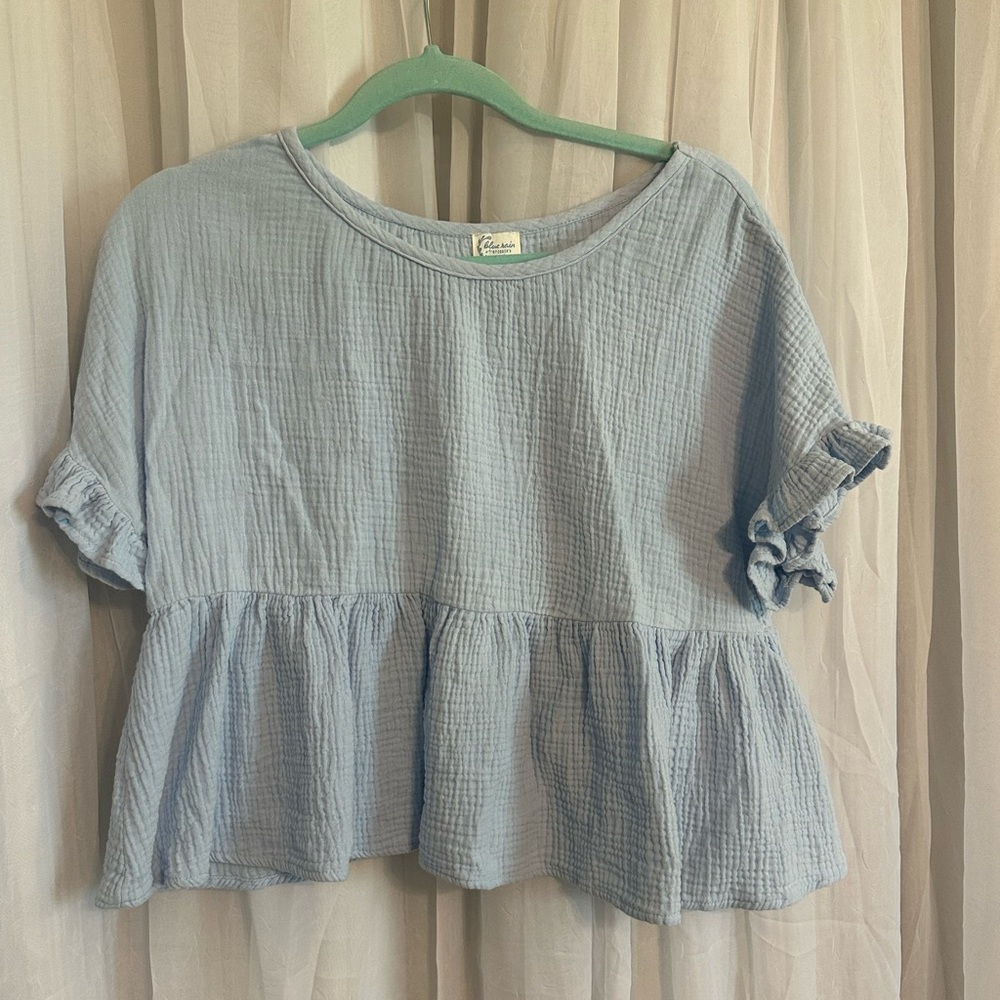 Blue Rain Pale Blue Cotton Gauze Peplum Top